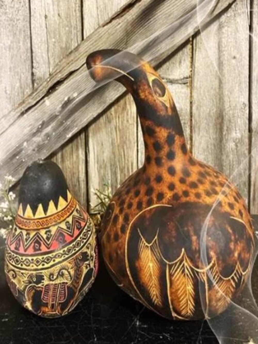 Mid 20th Century Hand-Carved Decorative Gourds With Tribal Motifs